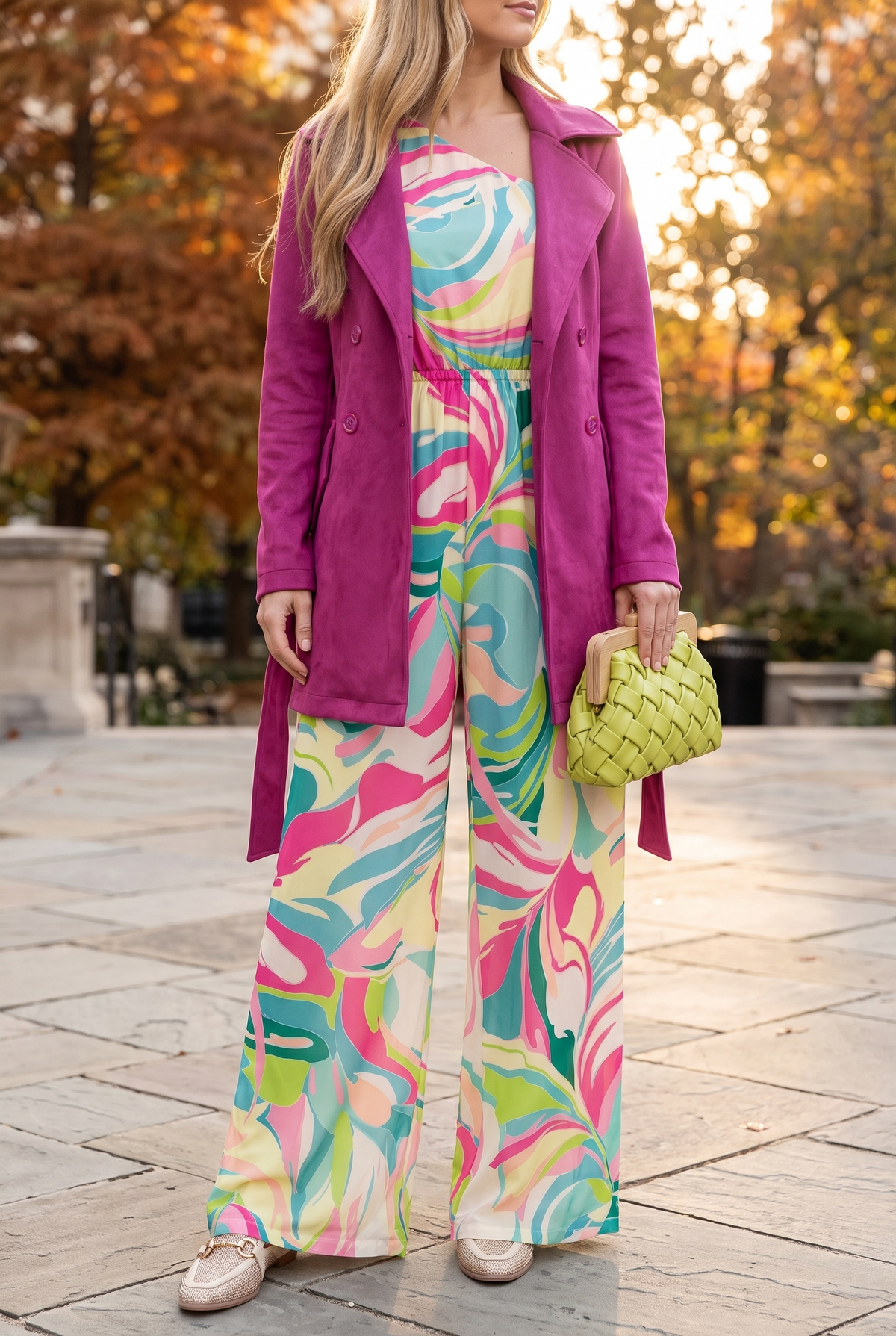 One-shoulder swirl print jumpsuit worn with a berry suede trench coat, jeweled flat mules and a lime woven clutch in an autumn courtyard.