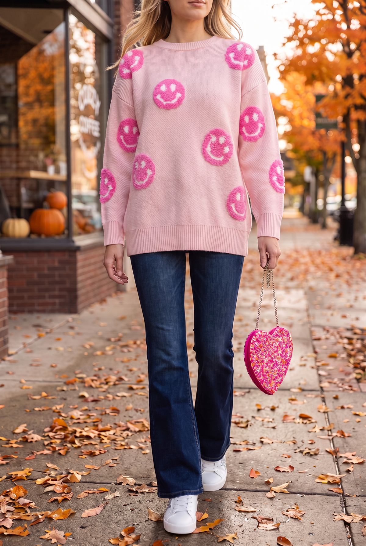Pink happy face sweater worn with dark flare jeans, white glitter star sneakers and a pink beaded heart bag on an autumn sidewalk.