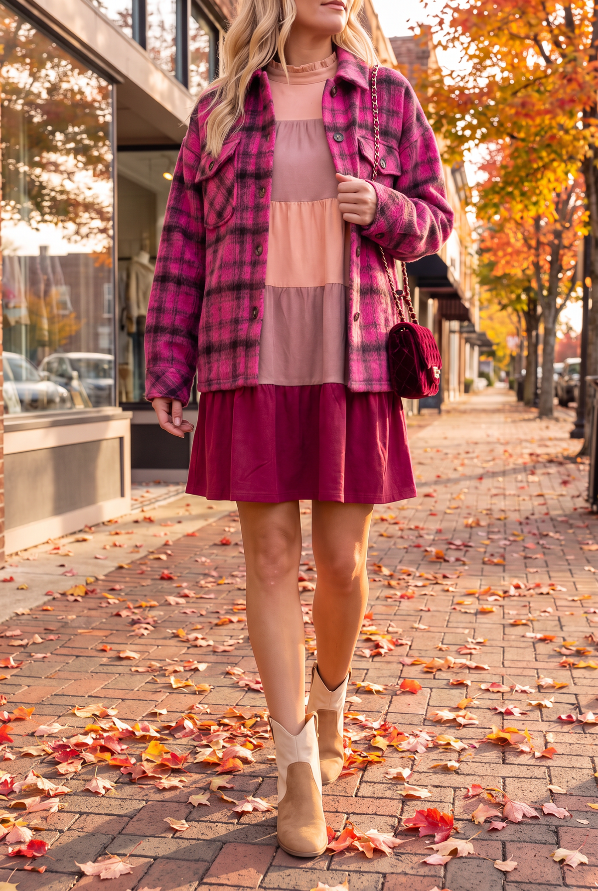 Color block faux suede tiered short dress worn with a pink plaid shacket, two-tone western booties and a burgundy velvet chain bag on an autumn sidewalk.
