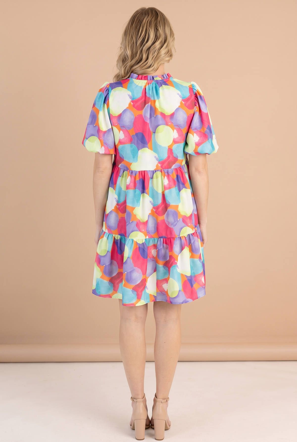 Back of the Crush On You watercolor print babydoll dress with ruffled collar and puff sleeves.