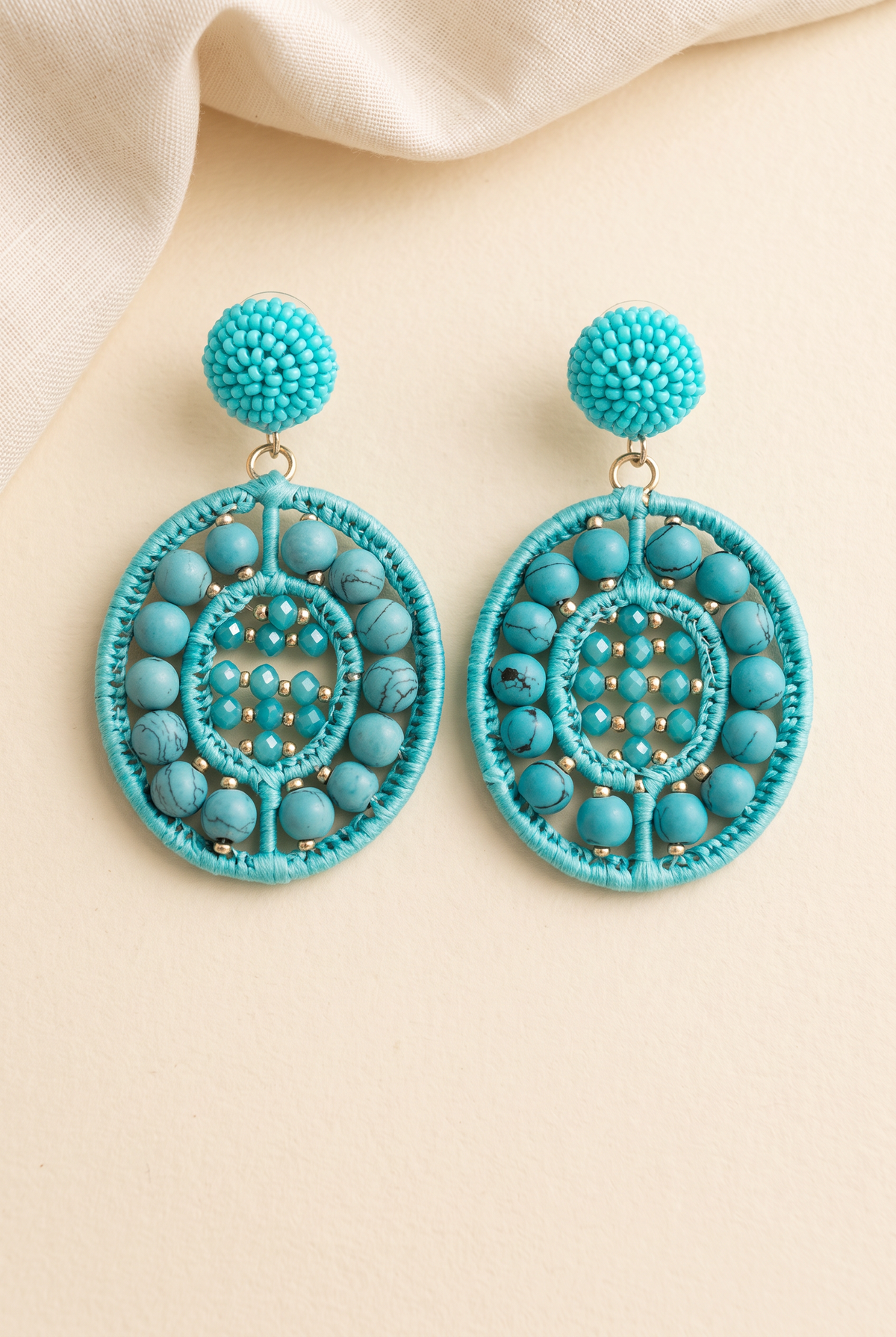 Lauren Aqua Earrings pair: turquoise seed bead dome studs with thread-wrapped aqua oval drops set with turquoise-tone stones, teal crystal beads and gold-tone seed beads