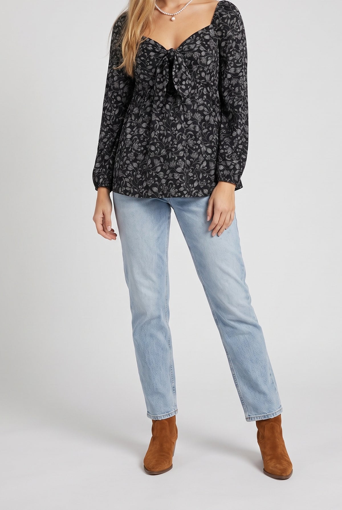 If I Loved You Tie Front Babydoll Long Sleeve Blouse, Front