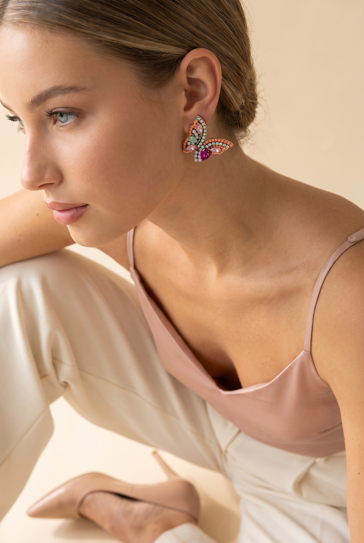 June Butterfly Earrings, Pink worn