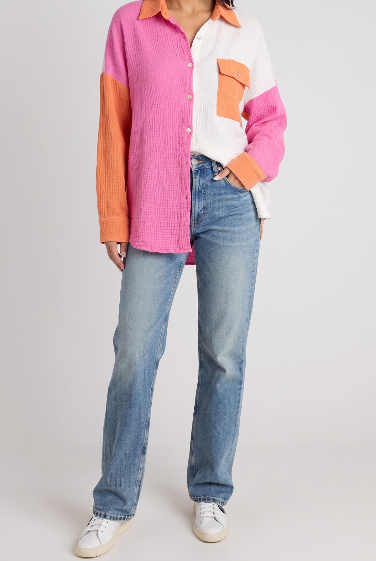 Just Chilling Color Block Button Down Boyfriend Shirt, Front