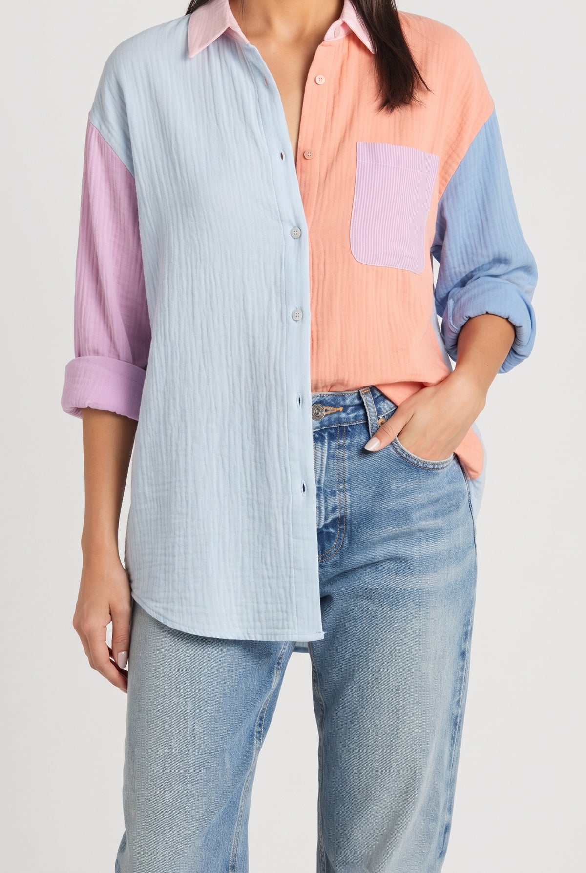 Just Chilling Color Block Button Down Boyfriend Shirt, Orange-Blue front