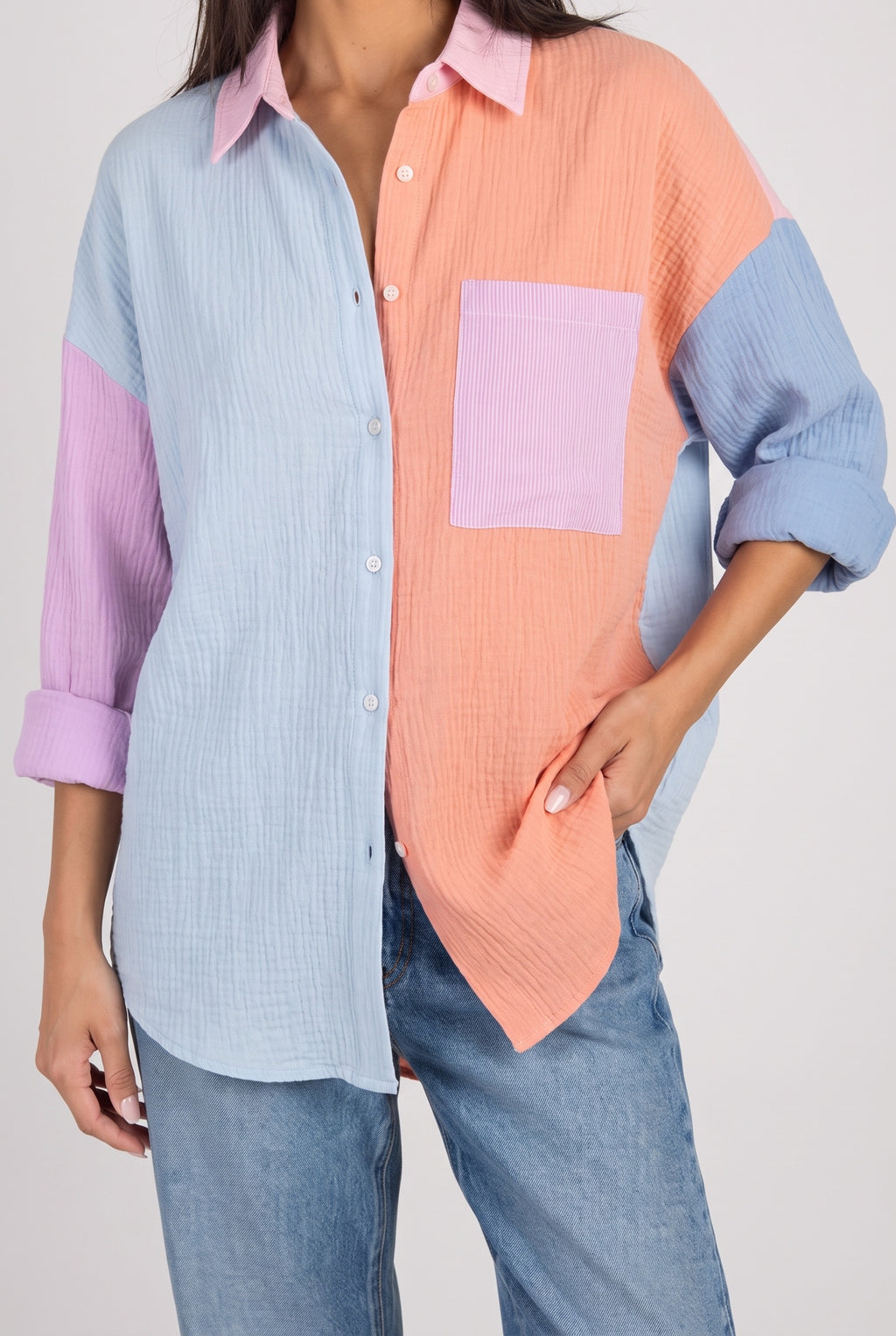 Just Chilling Color Block Button Down Boyfriend Shirt, Orange-Blue three-quarter