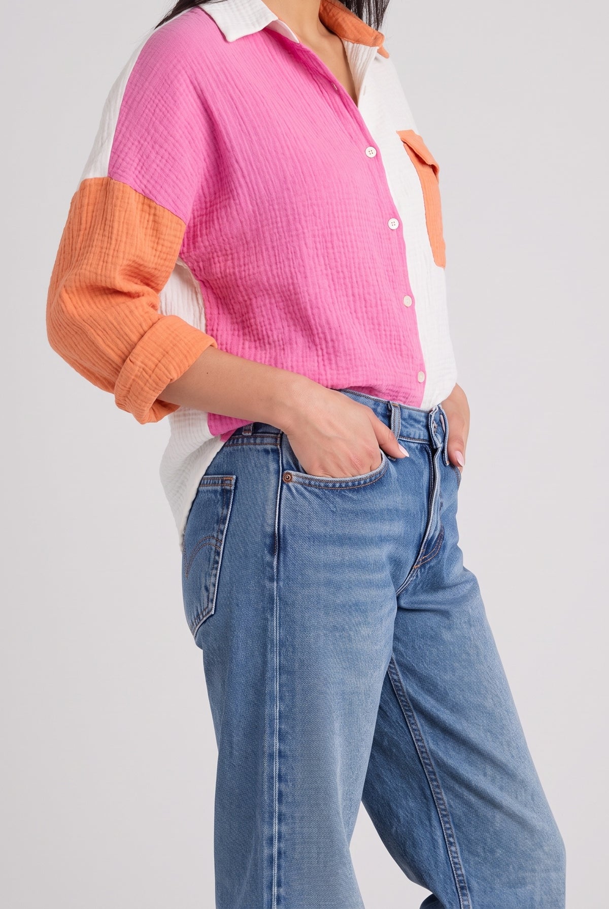 Just Chilling Color Block Button Down Boyfriend Shirt, Side