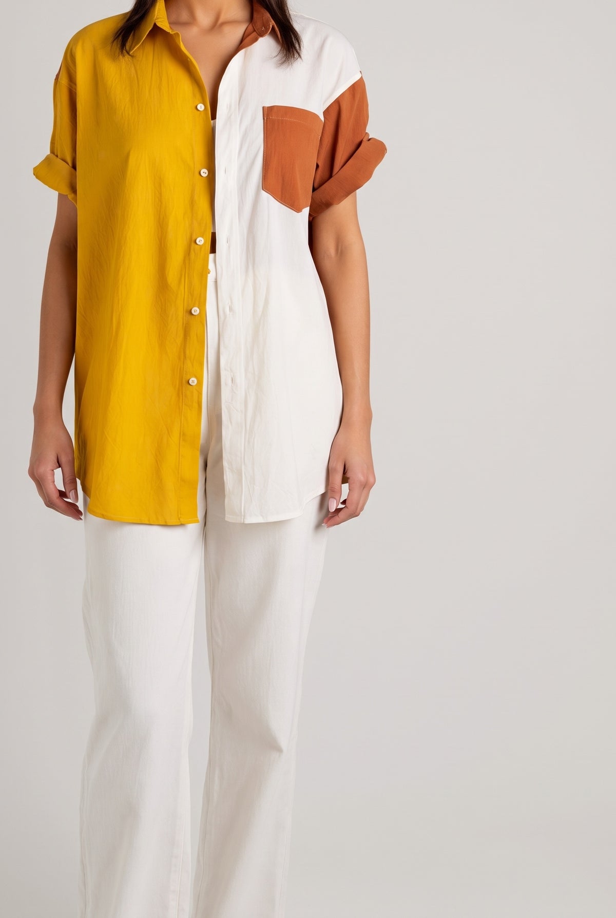Just Chilling Color Block Button Down Boyfriend Shirt, Yellow front