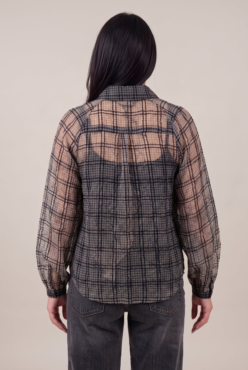 Just Looking Sheer Plaid Button-Up Blouse, Back