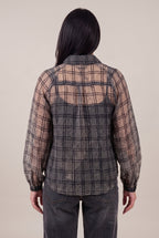 Just Looking Sheer Plaid Button-Up Blouse, Back
