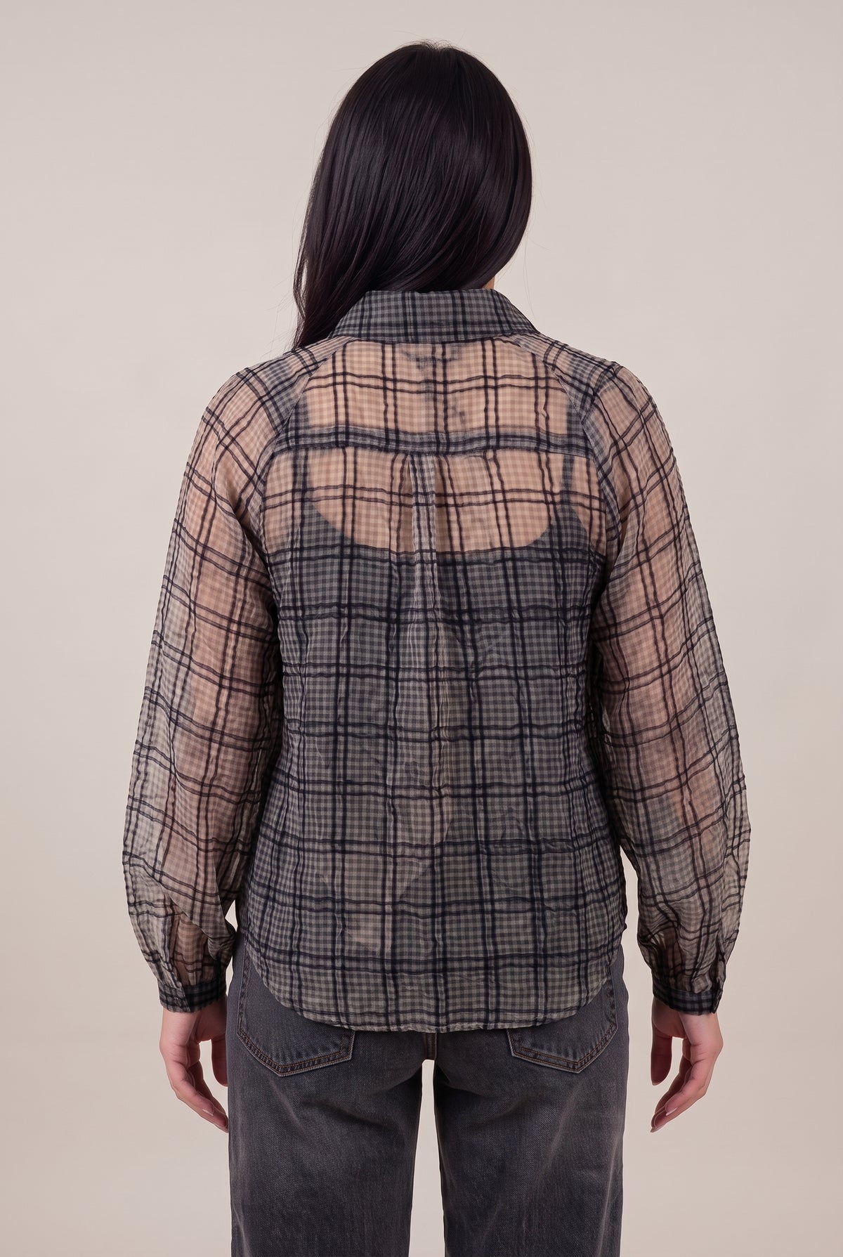 Just Looking Sheer Plaid Button-Up Blouse, Back
