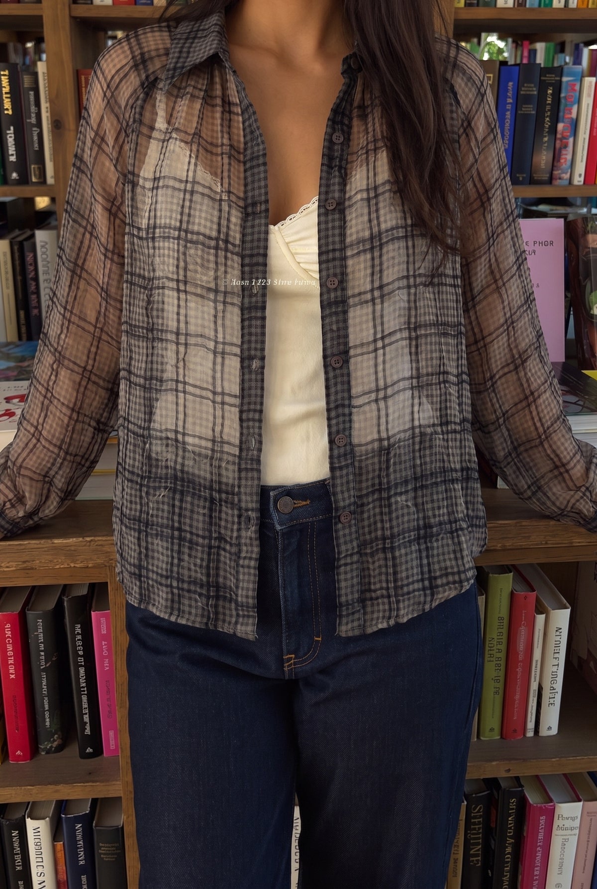 Just Looking Sheer Plaid Button-Up Blouse, Lifestyle
