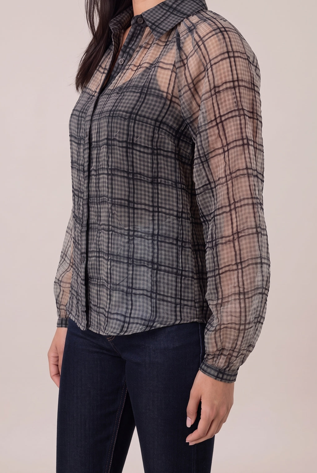 Just Looking Sheer Plaid Button-Up Blouse, Side