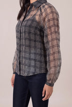 Just Looking Sheer Plaid Button-Up Blouse, Side