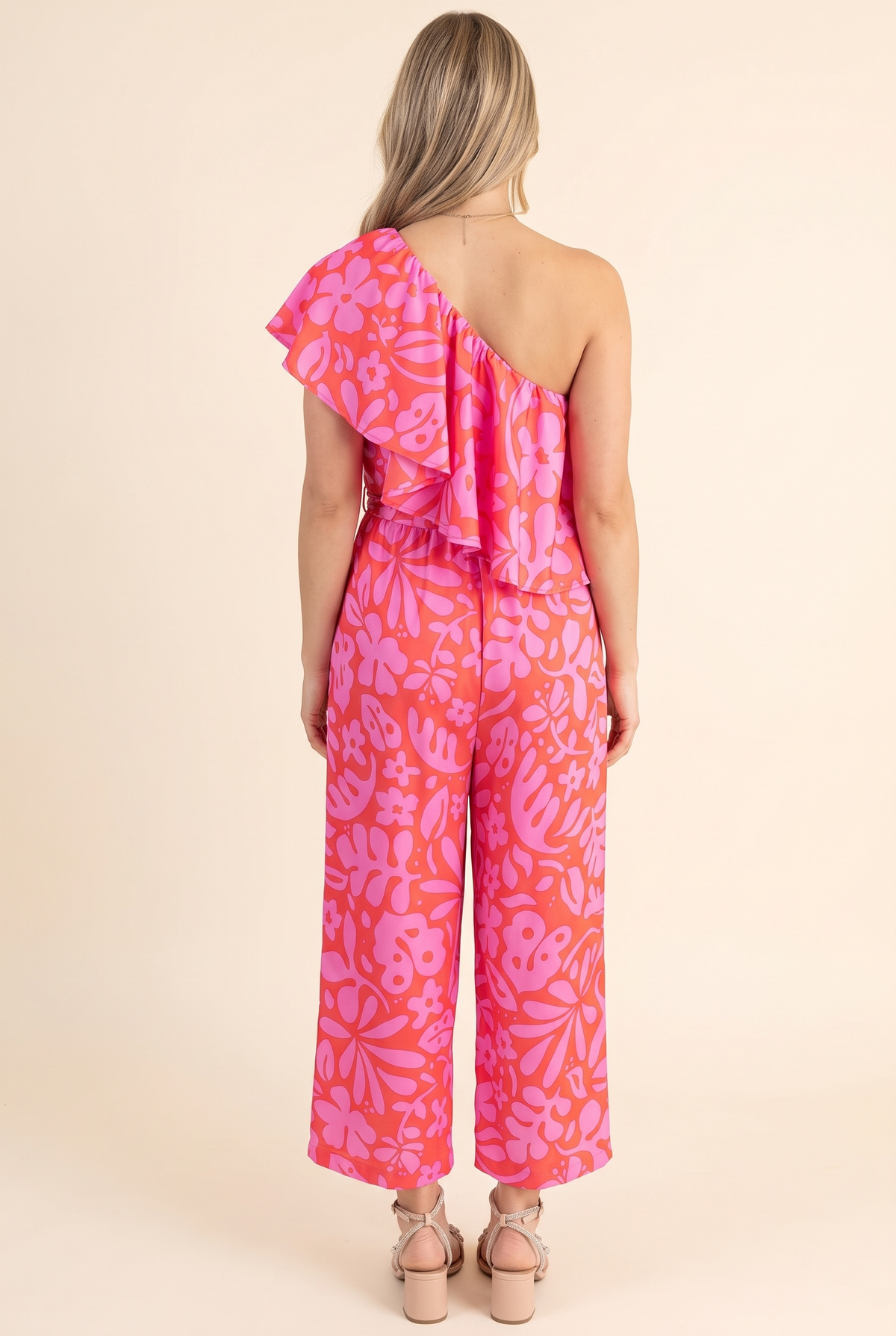 Kiss Me Again Coral One Shoulder Ruffle Cropped Jumpsuit, Back