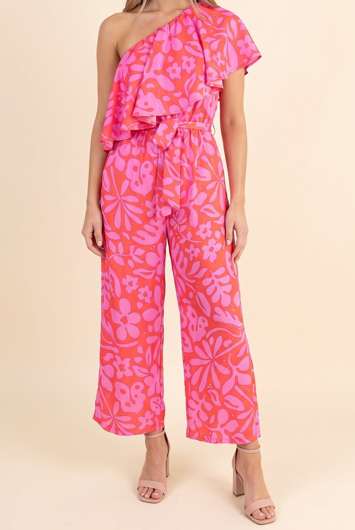 Kiss Me Again Coral One Shoulder Ruffle Cropped Jumpsuit, Front