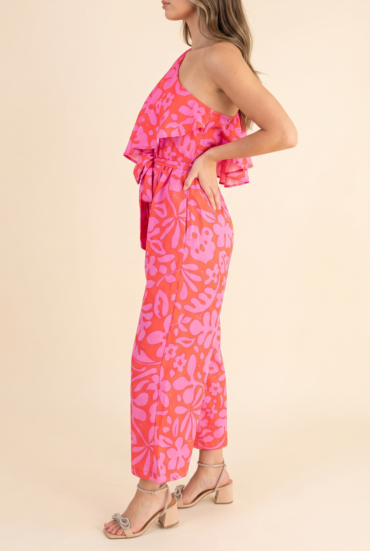 Kiss Me Again Coral One Shoulder Ruffle Cropped Jumpsuit, Side