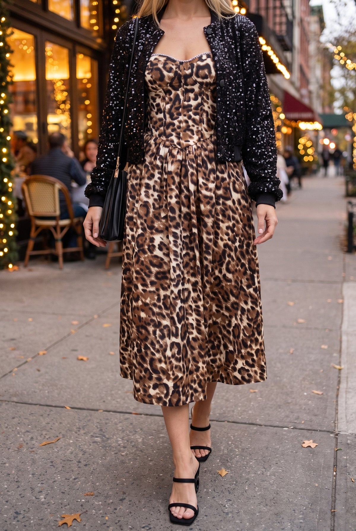 Leopard midi dress with rhinestone straps on a city street at night with the Downtown Experiment heel slides, the Carrie black pleated bag and the Wild Night sequin bomber