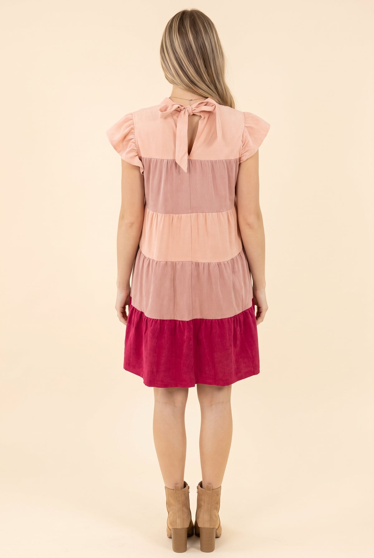 Let Them Know Color Block Tiered Faux Suede Short Dress, Back