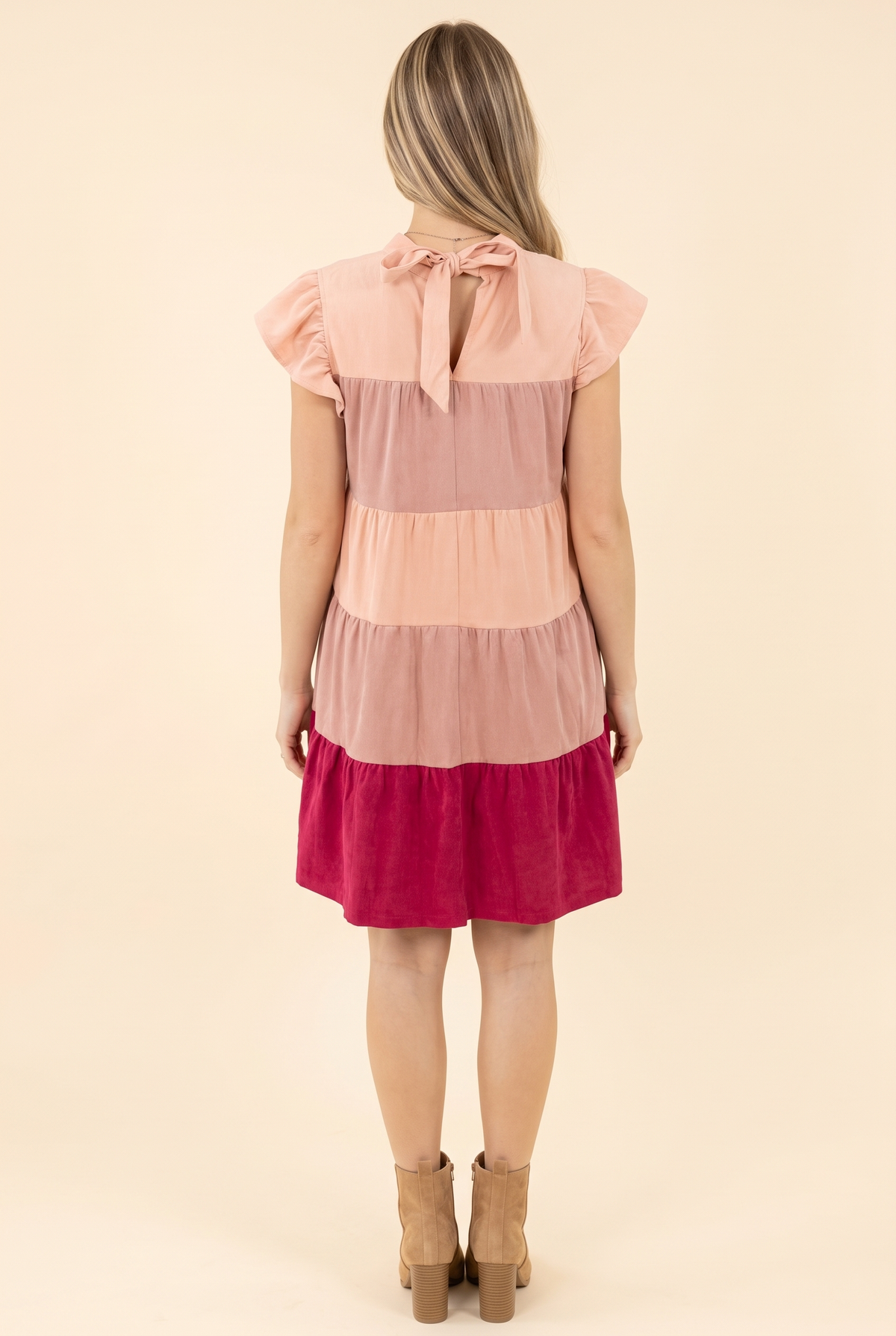 Let Them Know Color Block Tiered Faux Suede Short Dress, Back