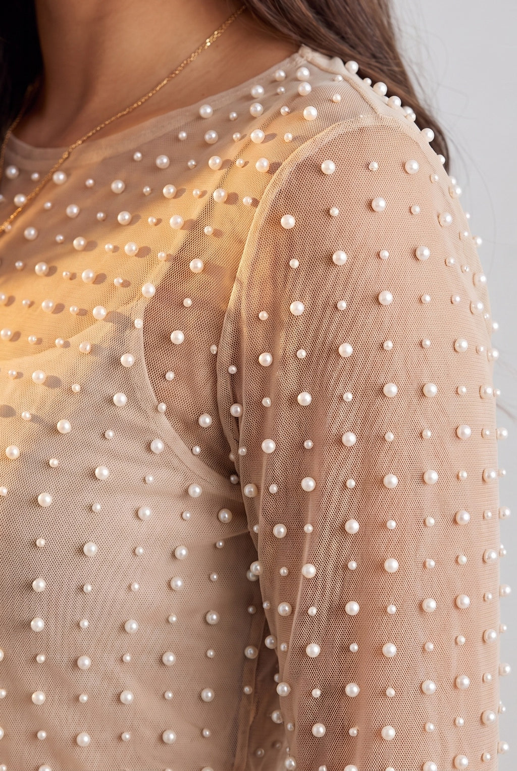 Look At Her Pearl Radiance Mesh Top, Close-up