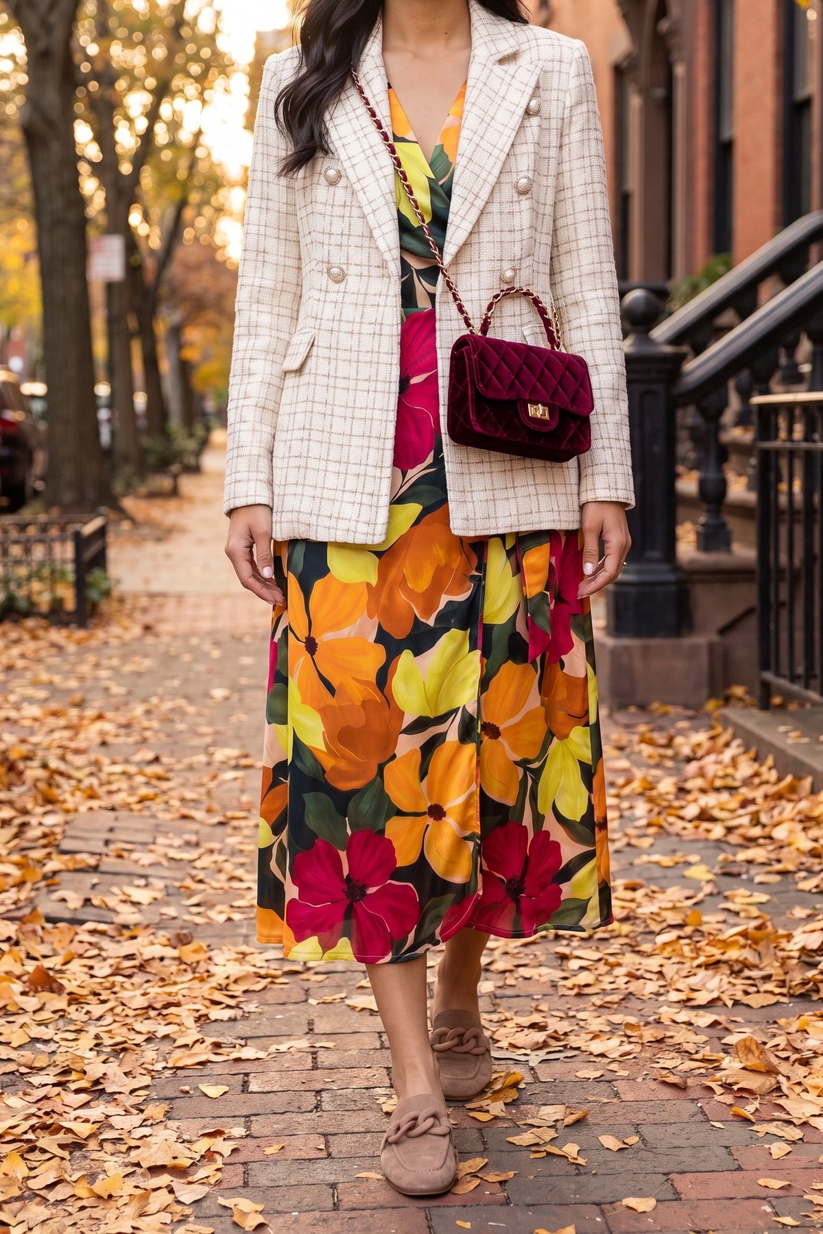 If You're Not the One floral wrap midi dress styled for fall with the Make It Happen Blazer, Charlotte Mules and Averie Quilted Velvet Crossbody Purse on an autumn street.
