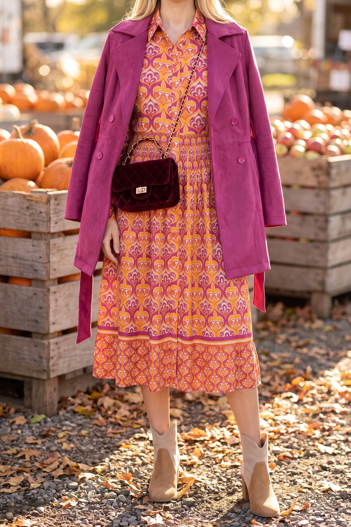 I'm Spicing Things Up printed midi shirt dress styled for fall with the berry Love Me Like You Do suede trench, Sadie tri-tone booties and the Averie velvet crossbody at a farmers market.