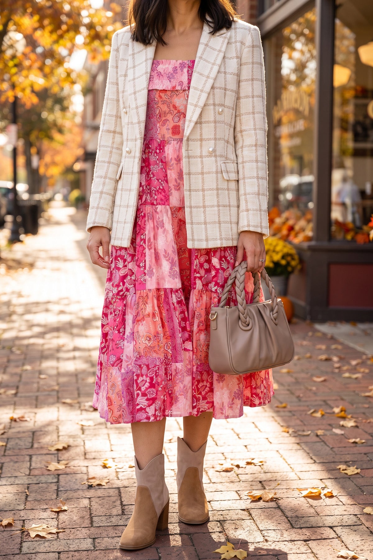 Pink patchwork midi dress styled for fall with a cream tweed blazer, a taupe braided-handle bag and two-tone suede ankle booties