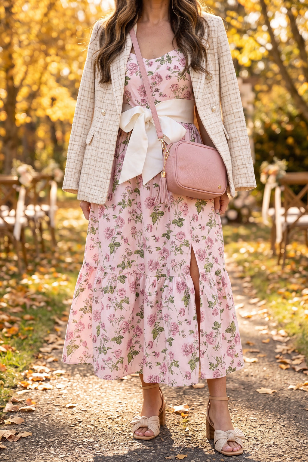 Pink rose print bow belt dress styled for a fall wedding with a cream tweed blazer over the shoulders, a blush pink crossbody and tan pleated bow sandals