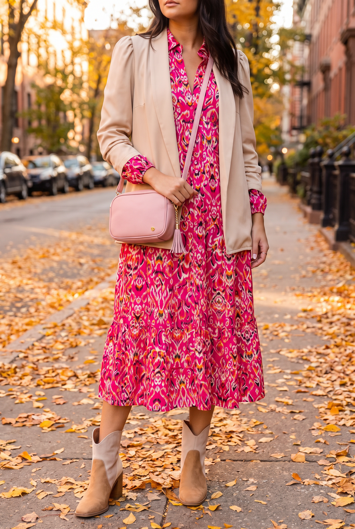 You're My Happy Place Midi Shirt Dress styled for fall with the Ready To Go Cardigan Blazer, Sadie tri-tone booties and the Dolly pink crossbody