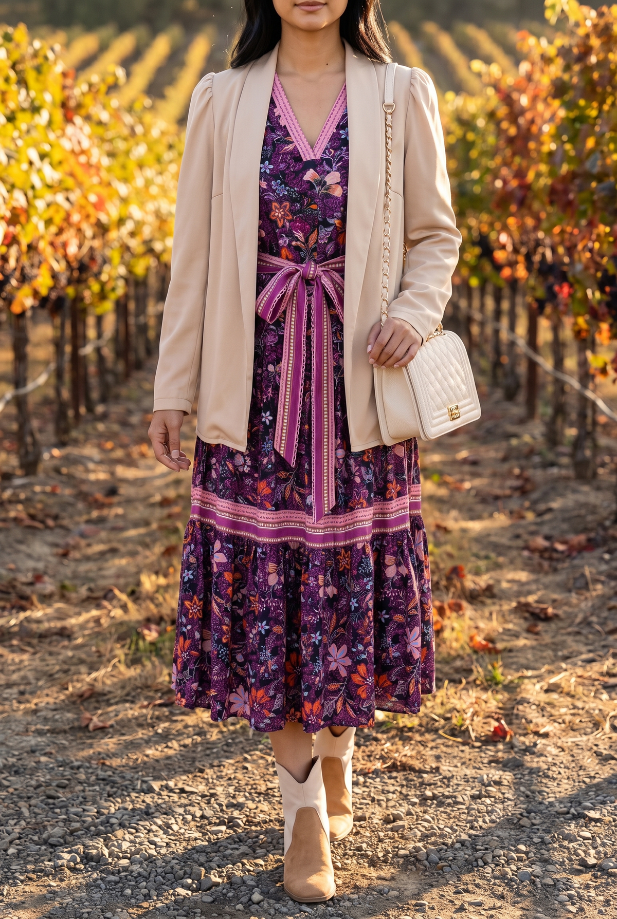 Live in the Moment Floral Long Dress With Waist Belt styled for fall with the Ready To Go Cardigan Blazer, Sadie tri-tone booties and the Jacqueline quilted bag