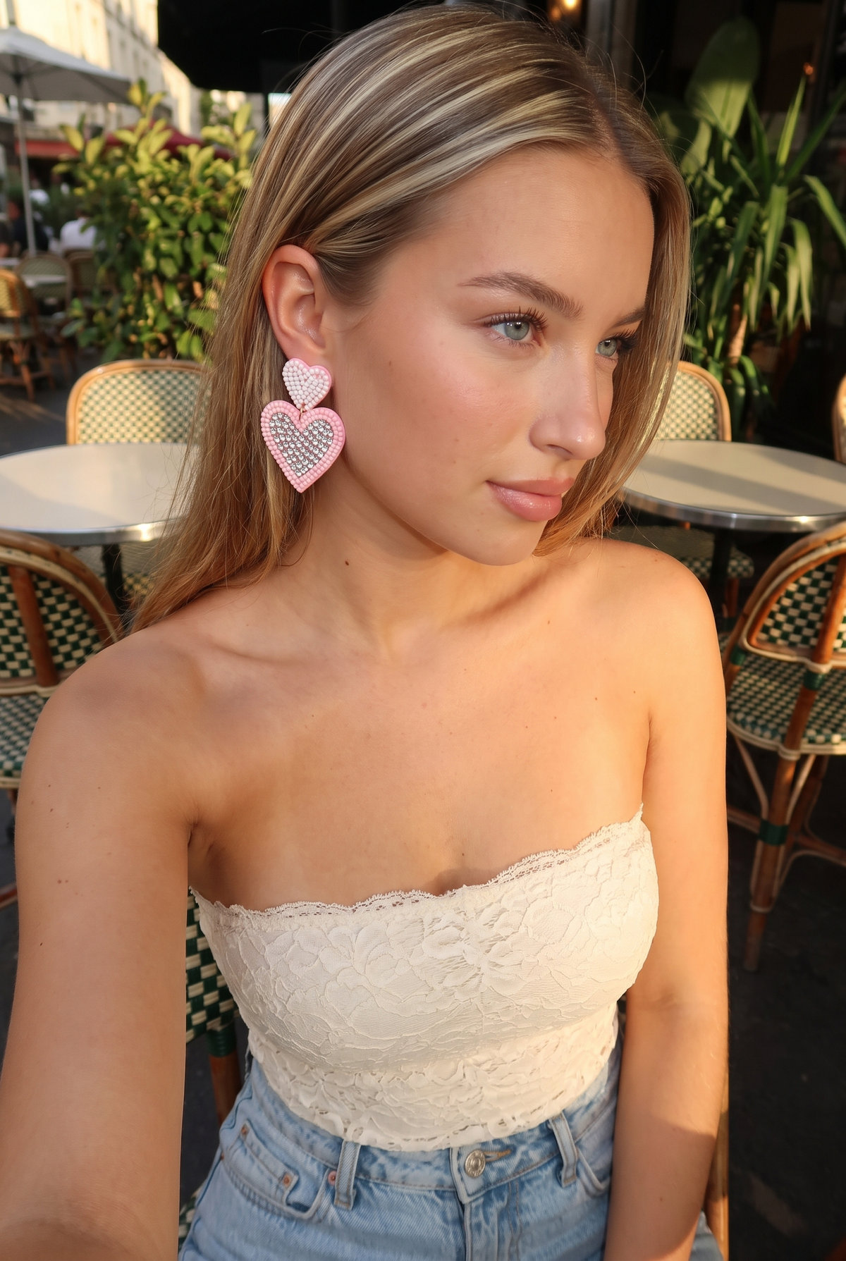 Loveleen Heart Earrings, Pink worn