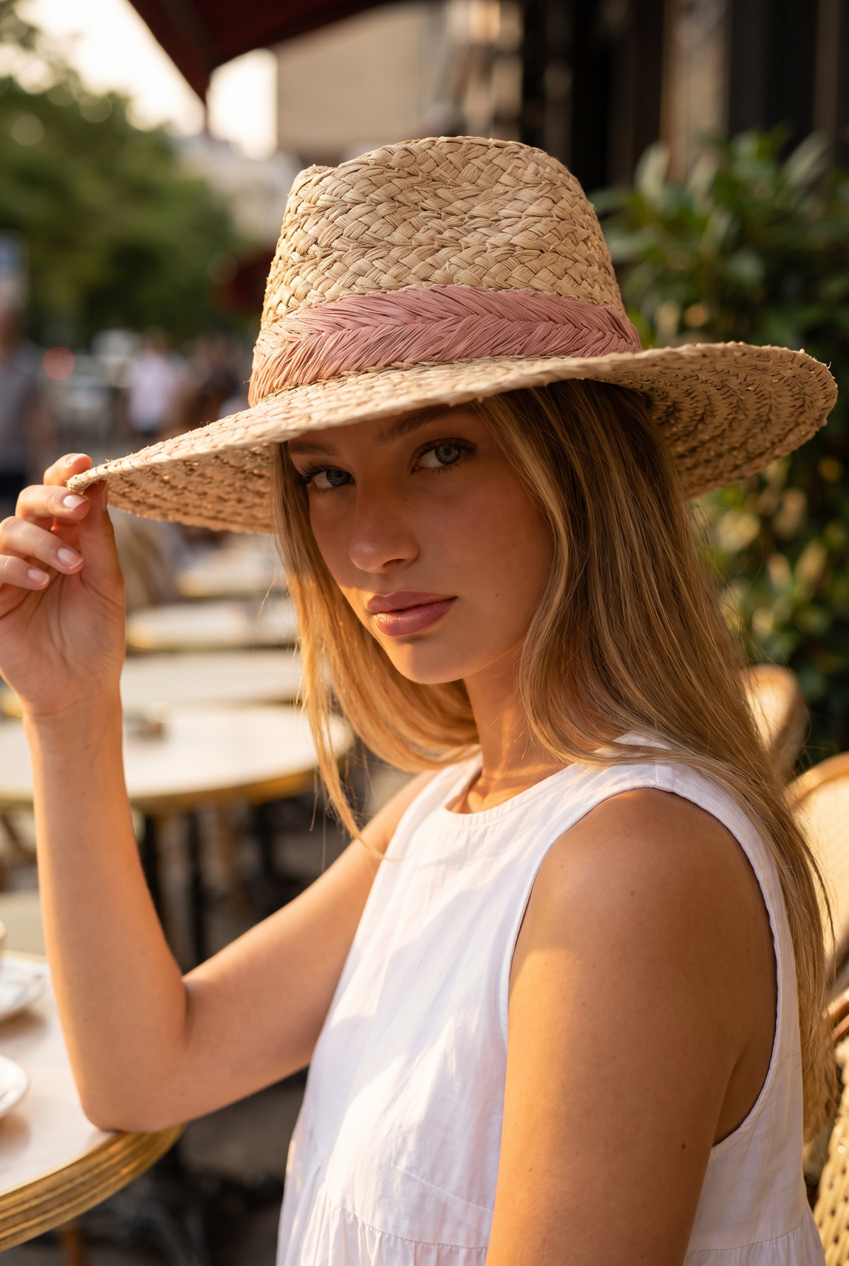 Lyla Braided Leaf Strap Straw Hat, Worn