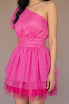 Close-up of the hot pink bodice, wide pleated waistband, sheer puff sleeve and layered tulle skirt with the deeper fuchsia bottom layer