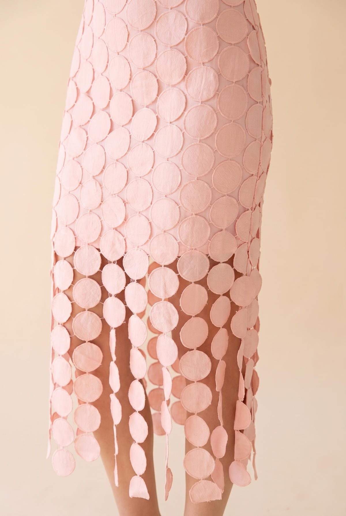 You're Still The One Fringe Crochet Midi Lace Dress, close-up of the overlapping crochet discs and fringe hem