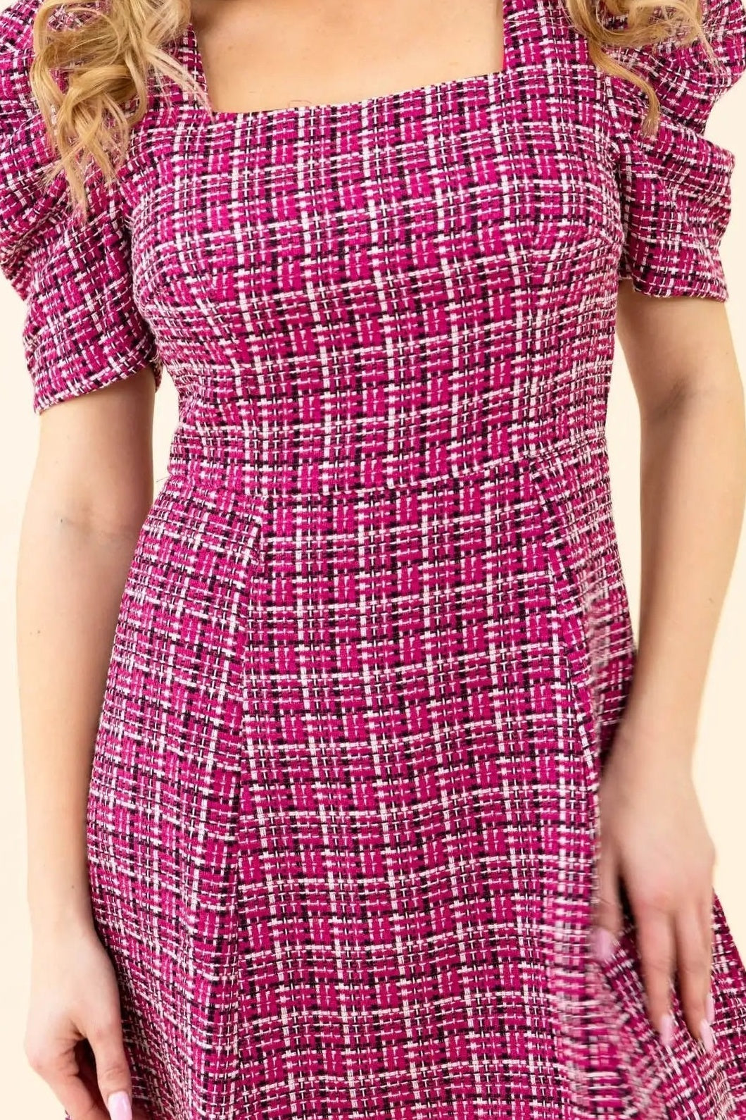 Jolly Molly Square Neck Puff Sleeve Dress, close-up of the tweed-look check, square neckline and puff sleeve