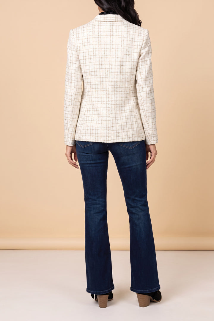 Back view of the Make It Happen cream tweed blazer, showing the hip length and the gold grid check.