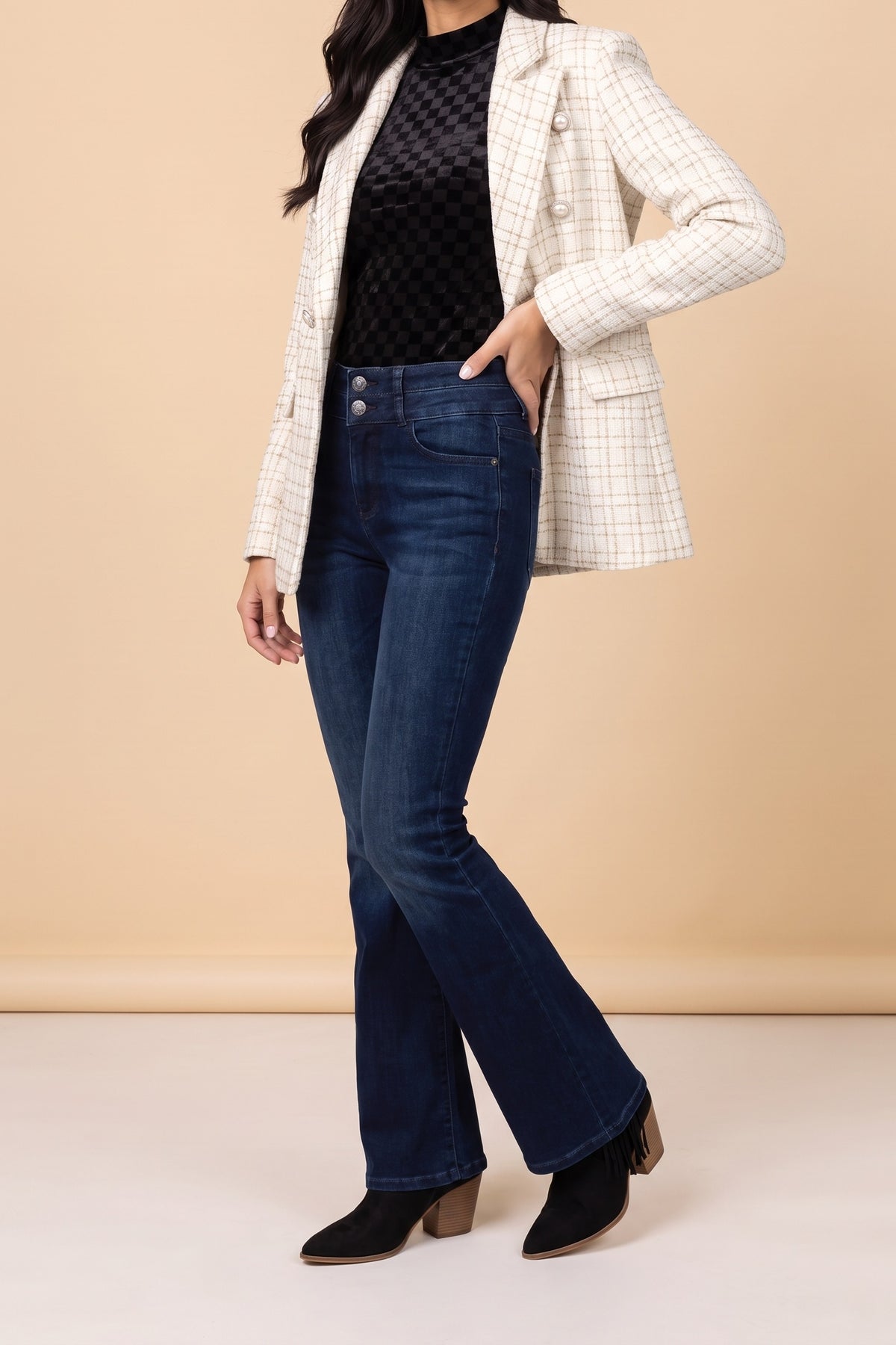 Side view of the Make It Happen cream tweed blazer, showing the notch lapel, flap pocket and how it falls at the hip.