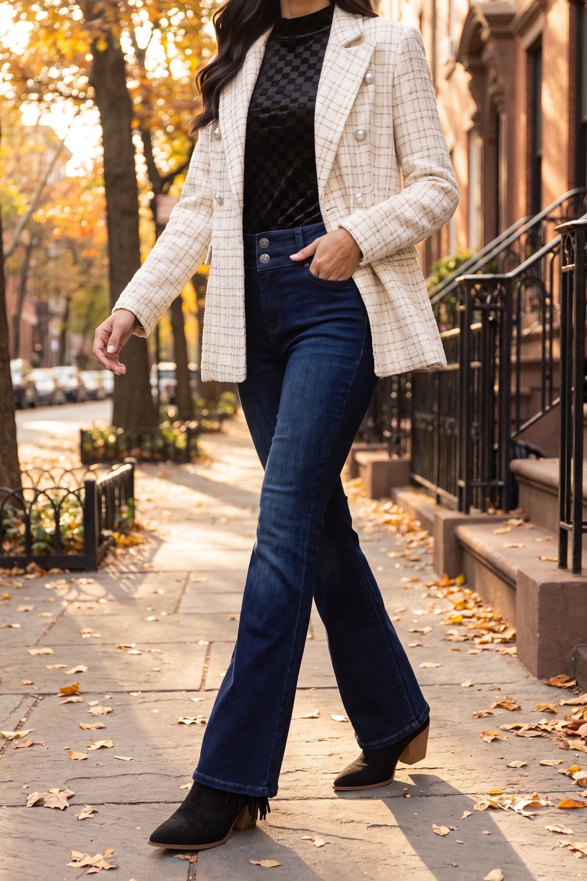 The Make It Happen Blazer styled with the Everybody Needs Someone Velvet Checker Mock Neck Top, Always on My Mind High Rise Jeans and Dixie Tassel Pointed-Toe Ankle Boots on a fall city street.