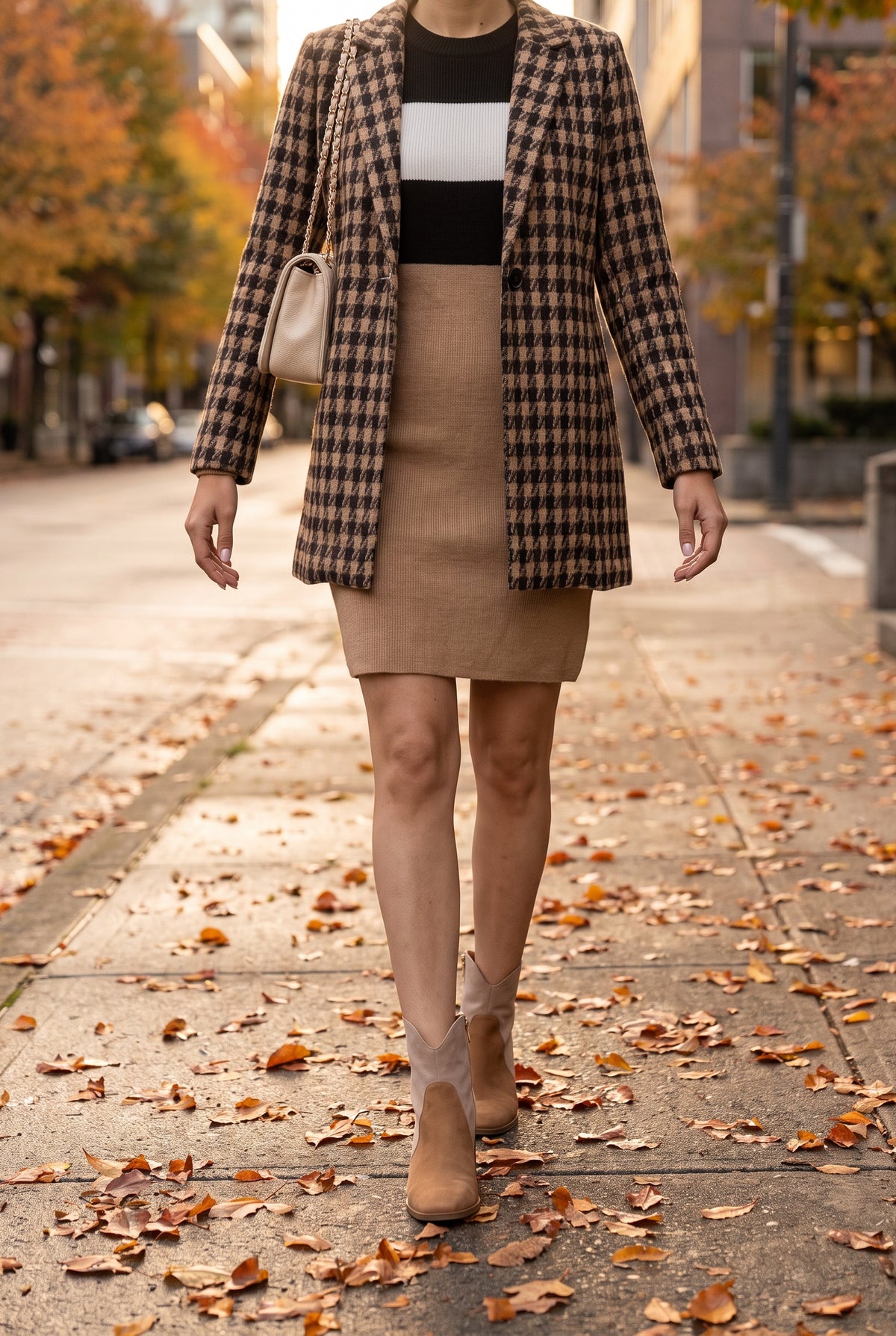 Maverick Color Block Sweater Dress worn on an autumn street with the Sadie tri-tone booties, the Jacqueline quilted bag and the It's Always About You houndstooth jacket