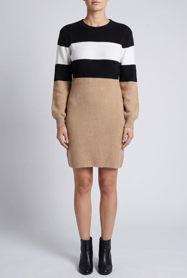Maverick color block sweater dress, front view, worn by a model cropped below the face on a plain studio backdrop