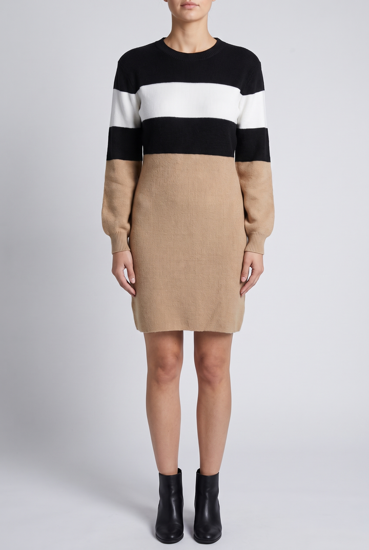 Maverick color block sweater dress, front view, worn by a model cropped below the face on a plain studio backdrop