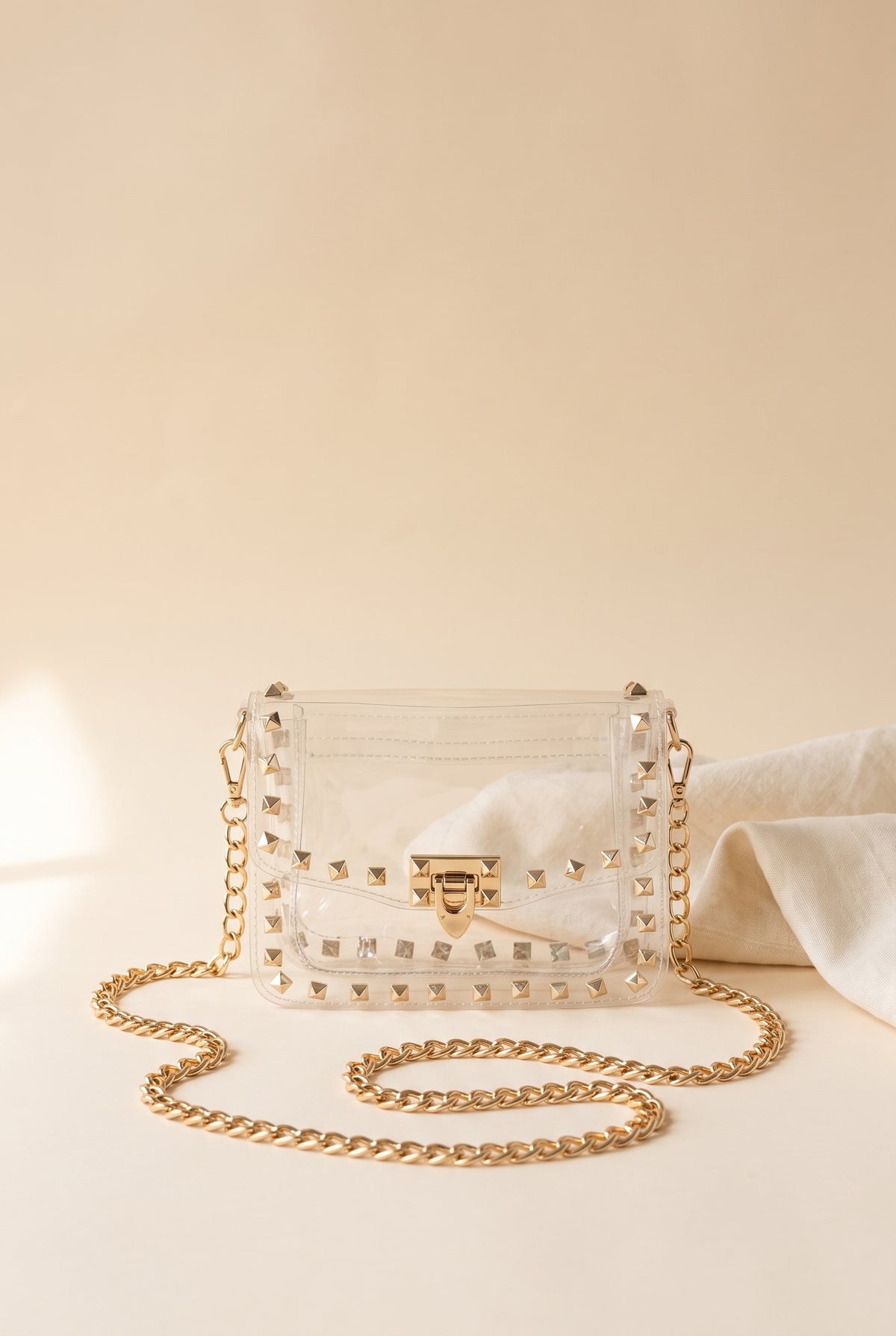 Metallic Studded Clear Handbag, Still life