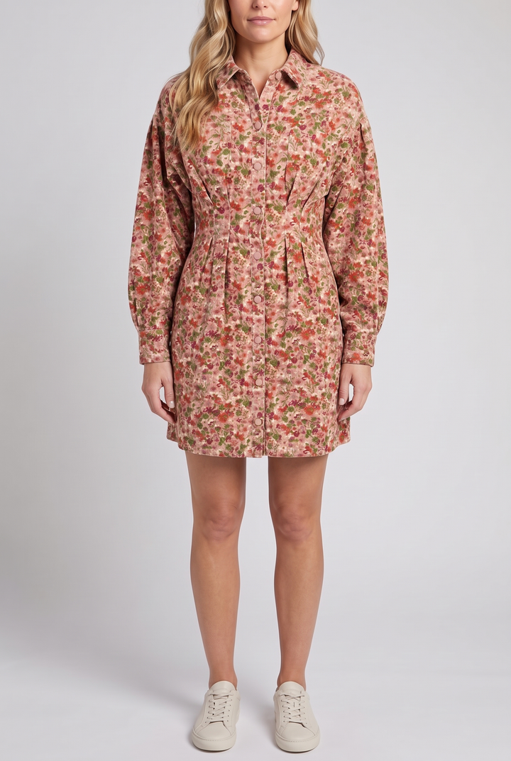 Model wearing the floral corduroy long-sleeve mini dress with cream sneakers, standing against a light grey studio backdrop, cropped below the nose