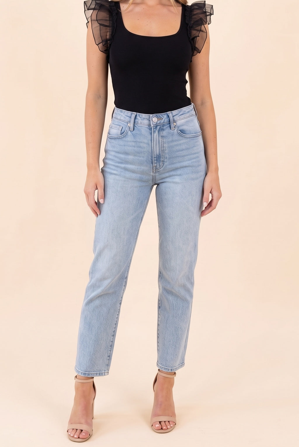 Not Afraid Ruffle Sleeve Square Neck Bodysuit, Black front