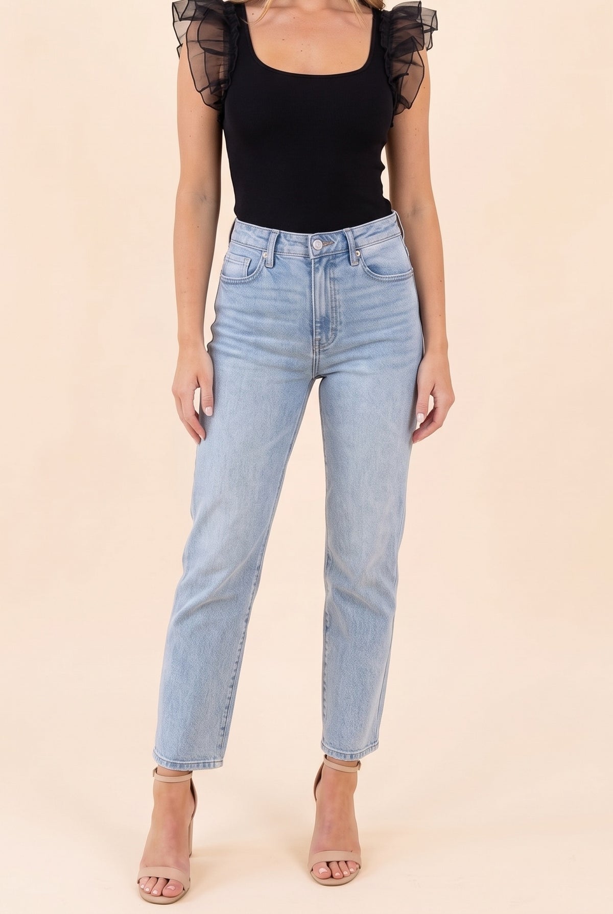 Not Afraid Ruffle Sleeve Square Neck Bodysuit, Black front