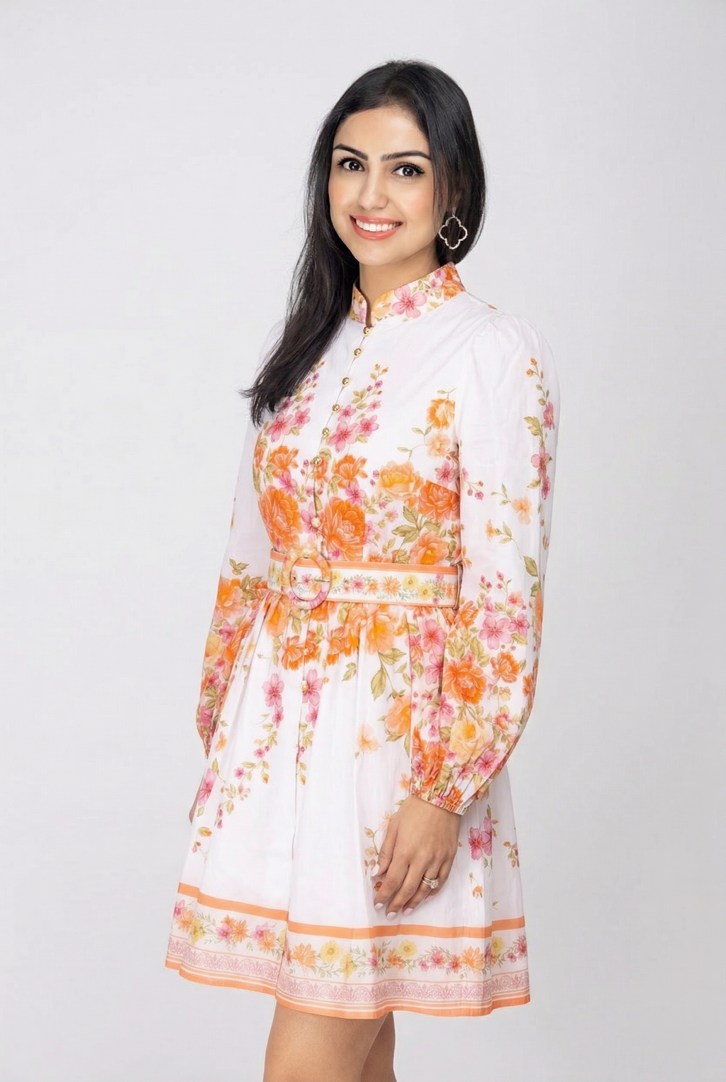 Sweet Sunshine Mock Neck Floral Border Mini Dress