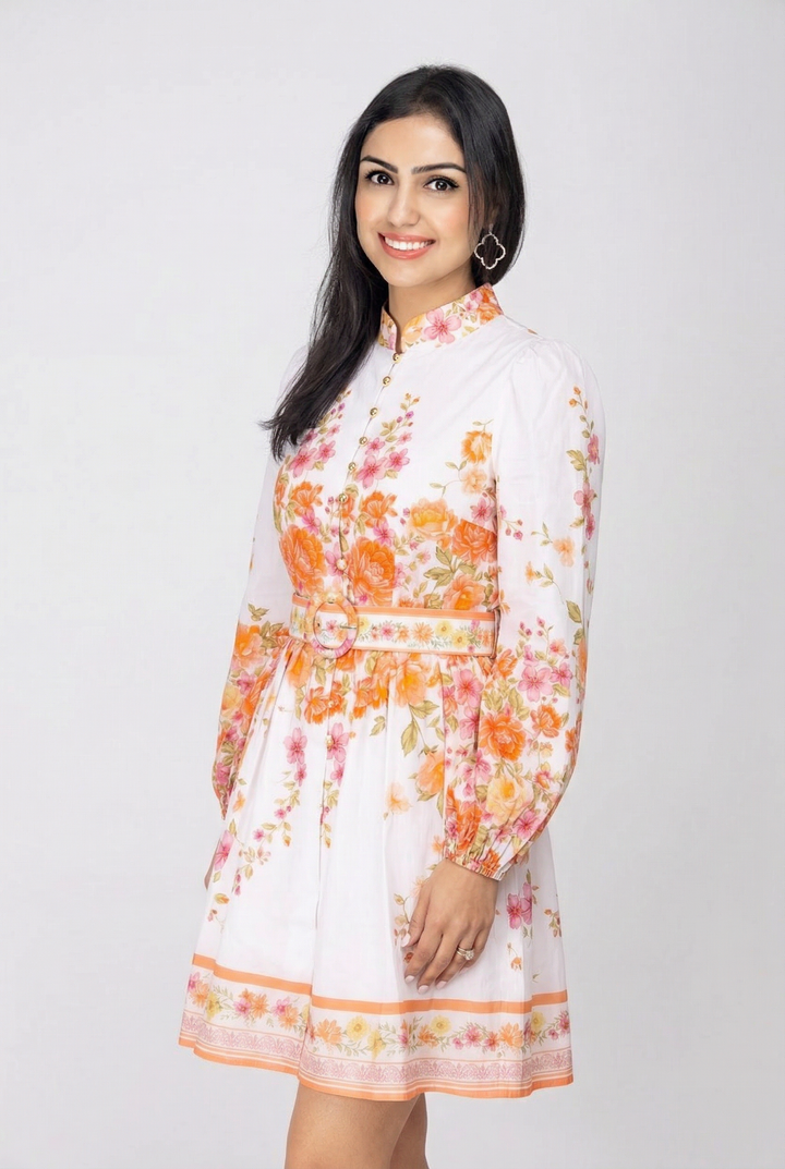 Sweet Sunshine Mock Neck Floral Border Mini Dress