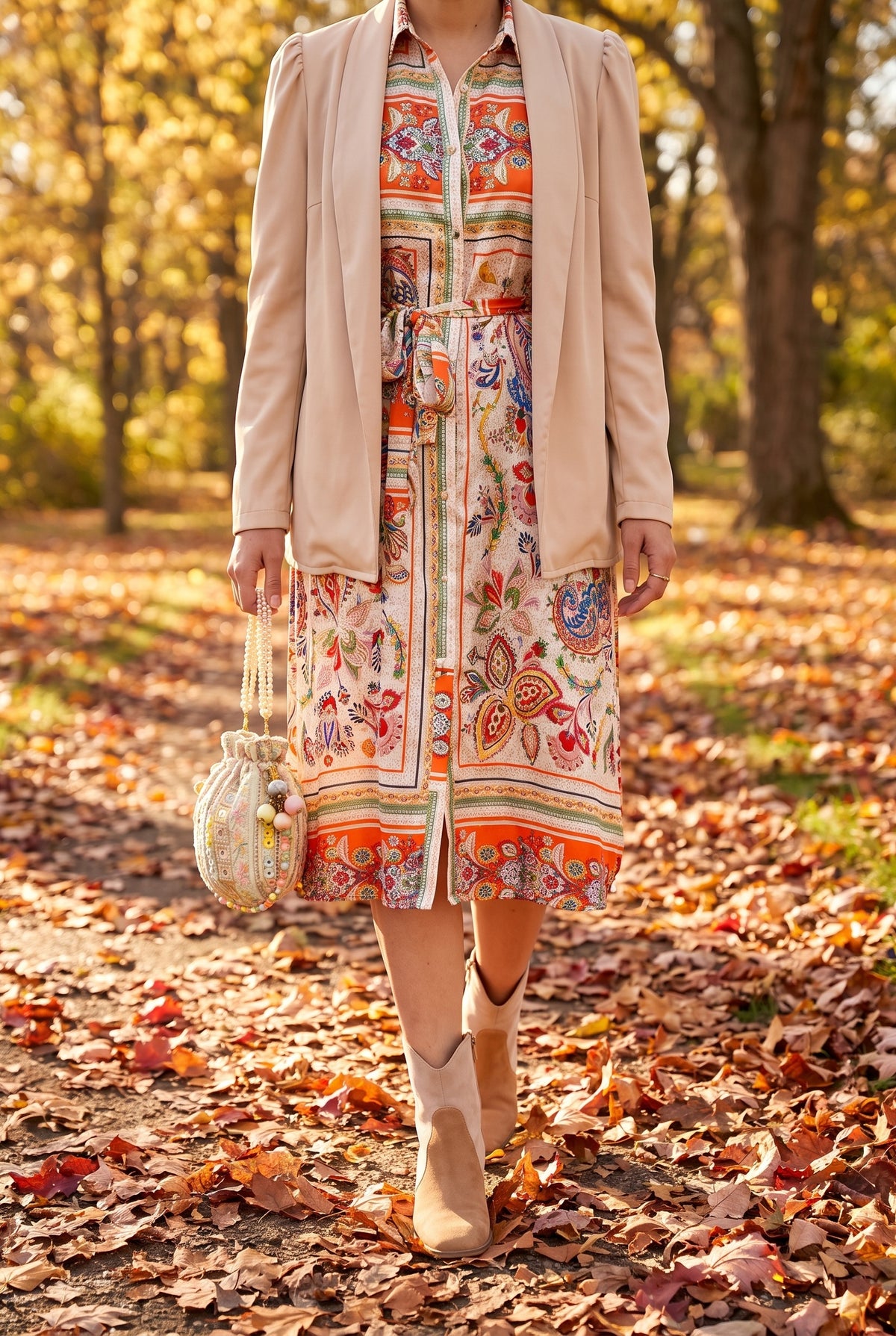 Scarf print tie waist shirt dress on an autumn park path with the Sadie tri-tone booties, the Henna handmade bag and the Ready To Go cardigan blazer