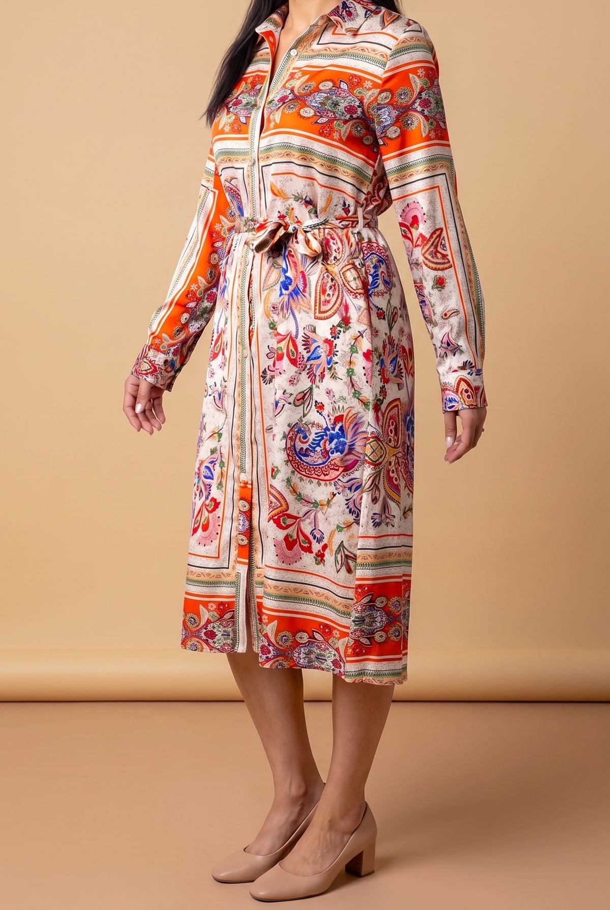 Side view of the I Want It That Way scarf print shirt dress showing the tie waist, long sleeves and midi length